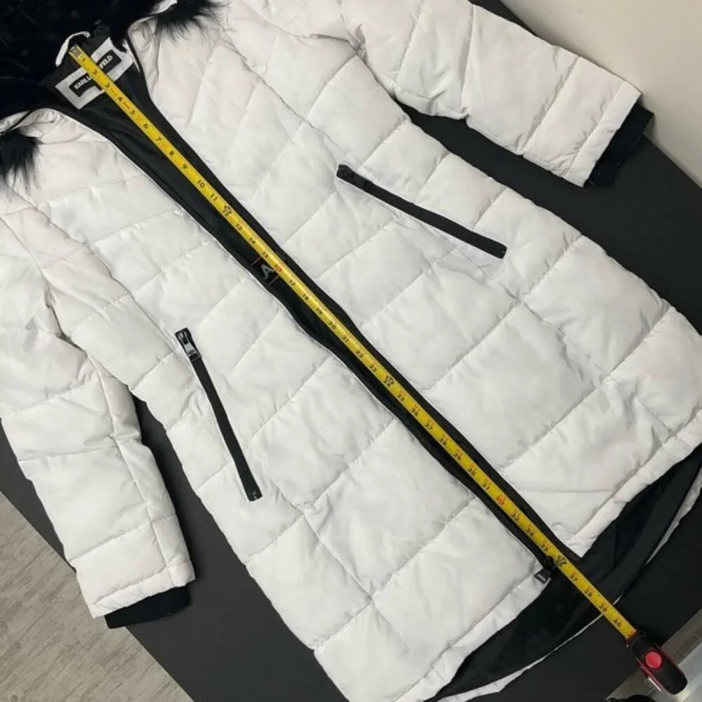 Karl Lagerfeld Paris White Long Faux Fur Puffer Coat - Size Large - Picture 16 of 16